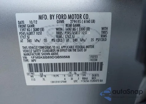 2013 Ford Explorer z USA, uszkodzony, nr VIN 1FM5K8B89DGB50568